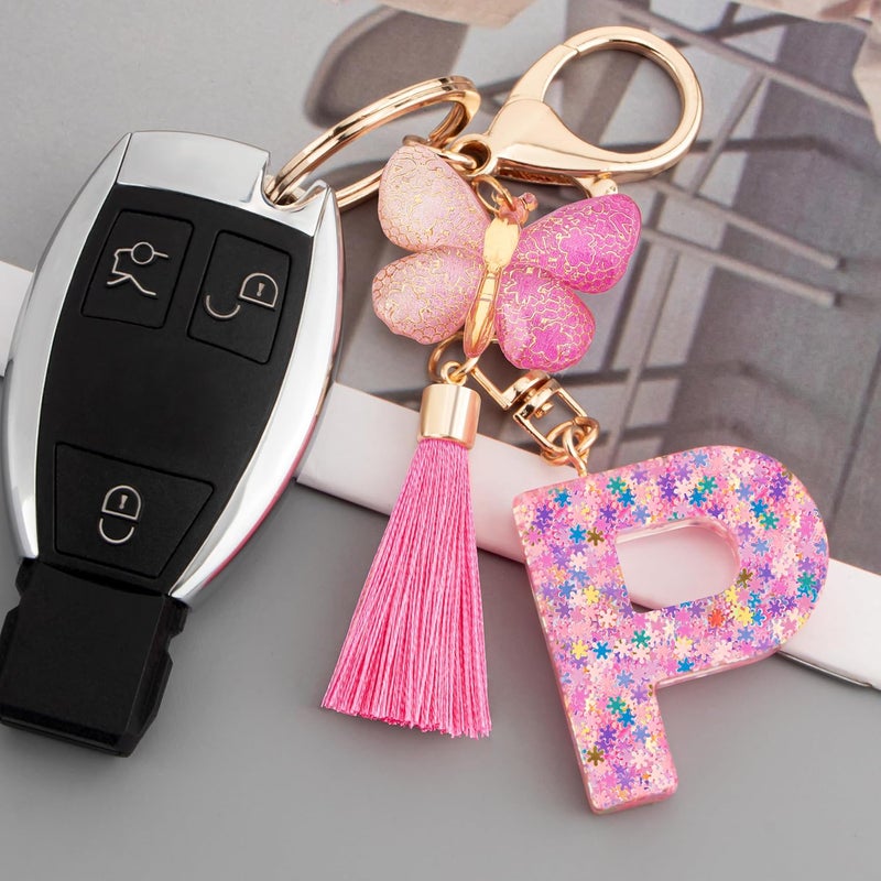 Suweibuke Cute Pink Key Chains for Women Girls, Initial Letter Keychains with Tassel, Charms for Key Purse Handbags Backpacks - Image 2